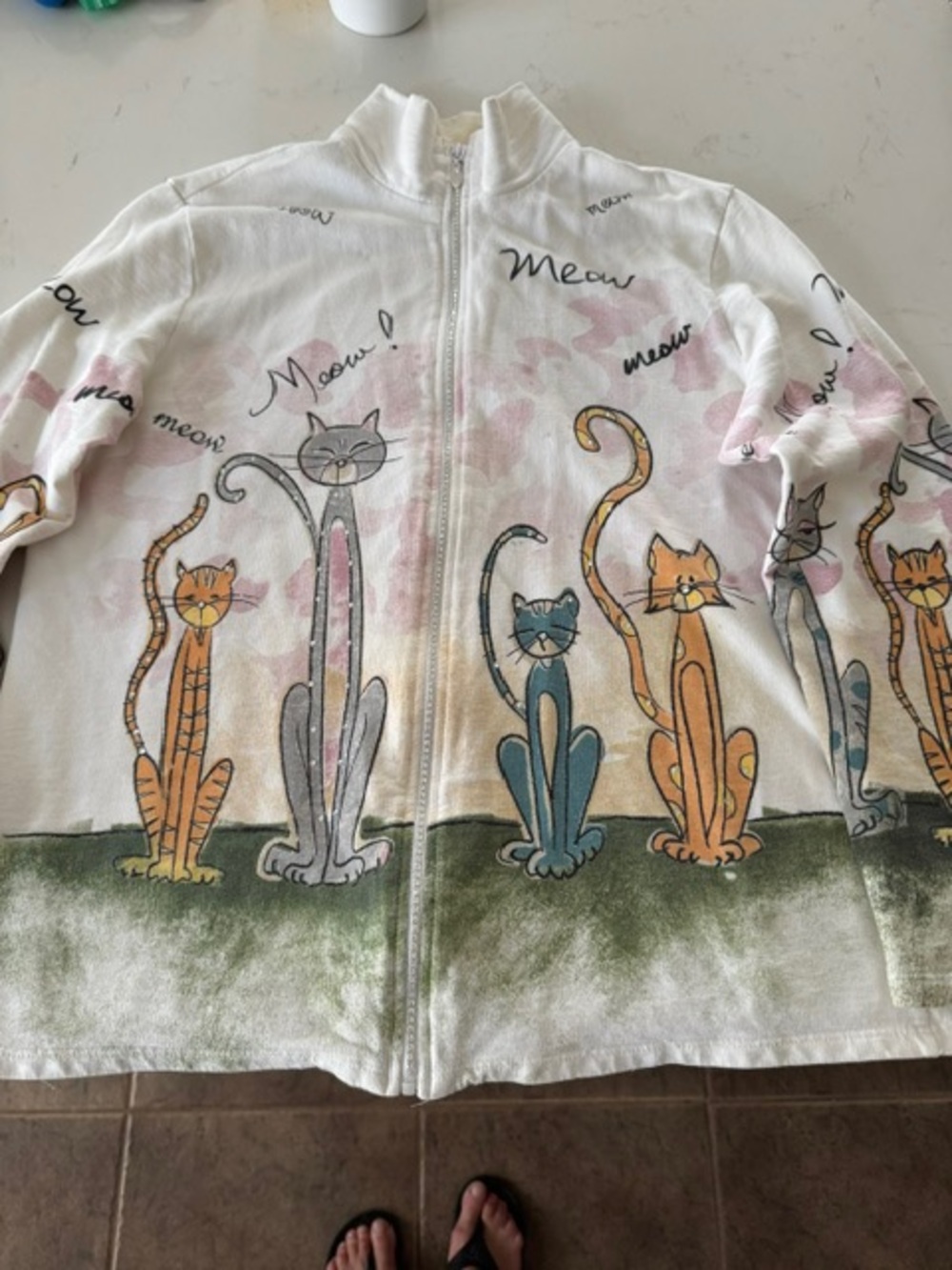 White Cat Print Zip-Up